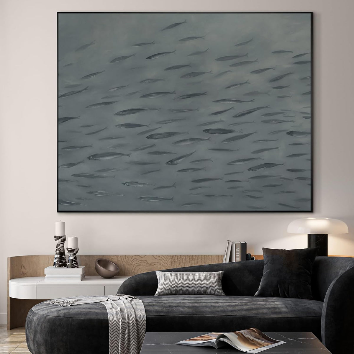 SIGNWIN 46"x60" Extra Large Framed Wall Art Gray School of Fish Minimalist Ocean-Inspired Marine