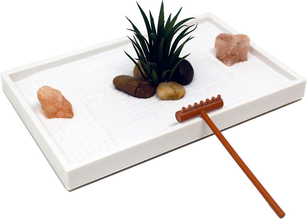 Nature's Mark Mini Zen Garden Kit for Desk with White Sand, Rake, White Base, Salt Rock and Air