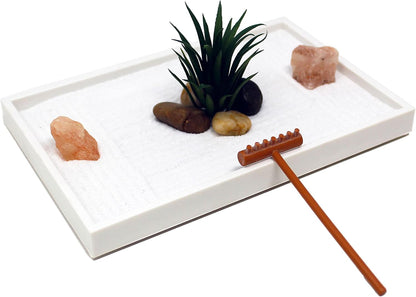 Nature's Mark Mini Zen Garden Kit for Desk with White Sand, Rake, White Base, Salt Rock and Air