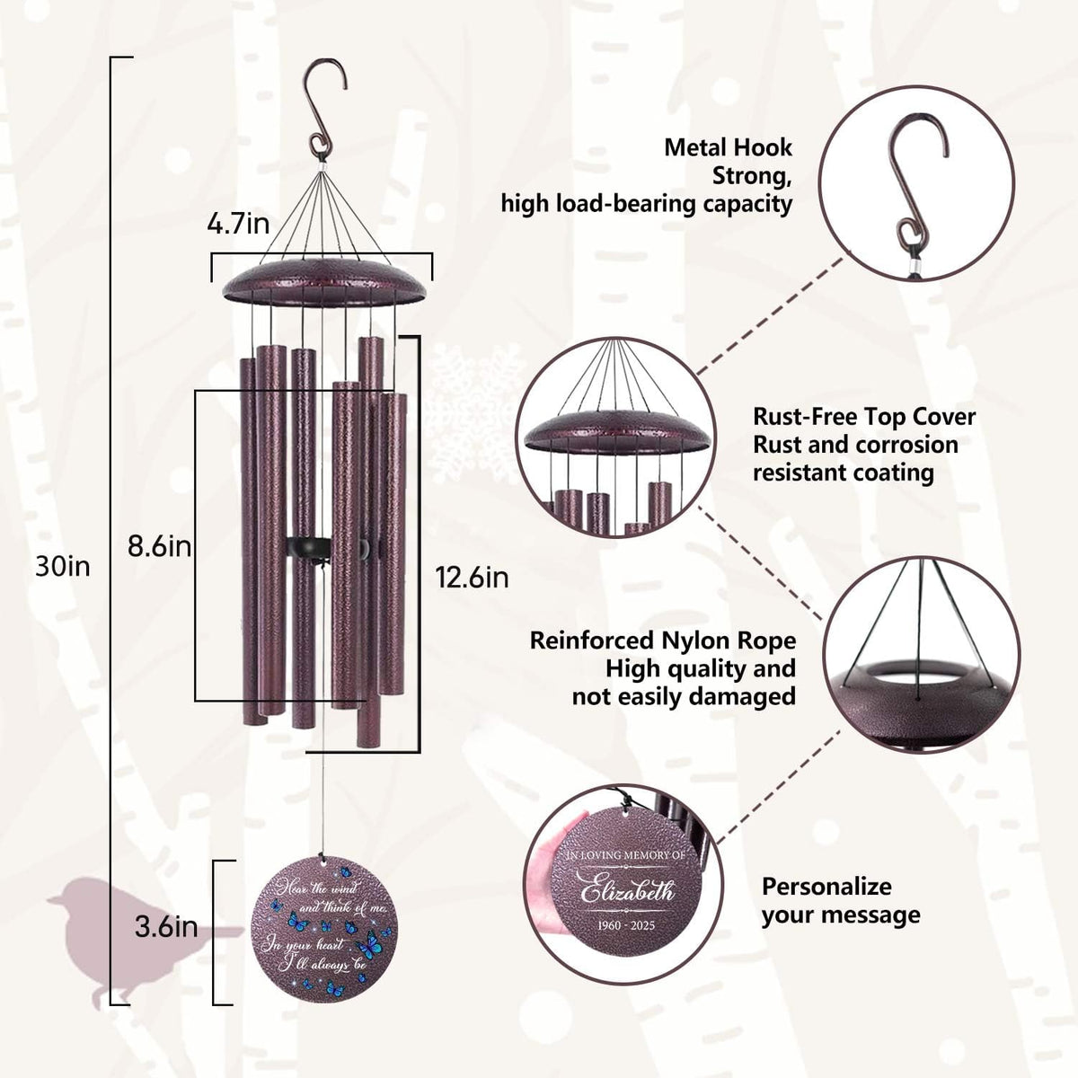ASTARIN Memorial Butterfly Deep Tone Wind Chimes Personalized, Sympathy Remembrance Gifts for Loss