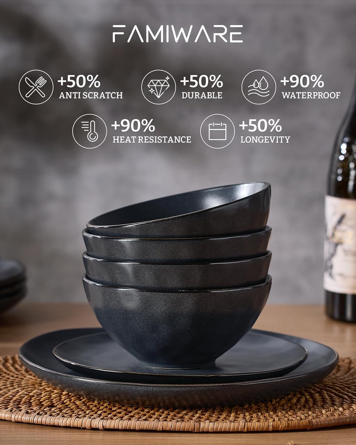 Famiware Dinnerware Sets for 6, Ocean Round 18-Piece Kitchen Plates and Bowls Sets, Microwave and