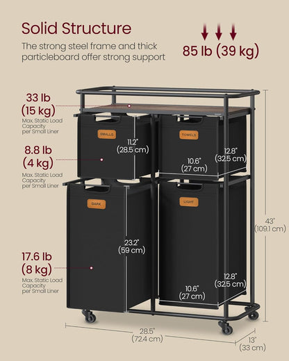 VASAGLE Laundry Sorter, Laundry Hamper with Wheels, 39.6 Gal. (150 L) Portable Rolling Cart Baskets