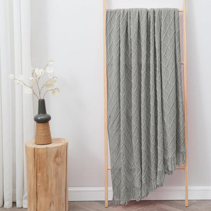 inhand Knitted Throw Blankets for Couch and Bed, Soft Cozy Knit Blanket with Tassel, Light Grey