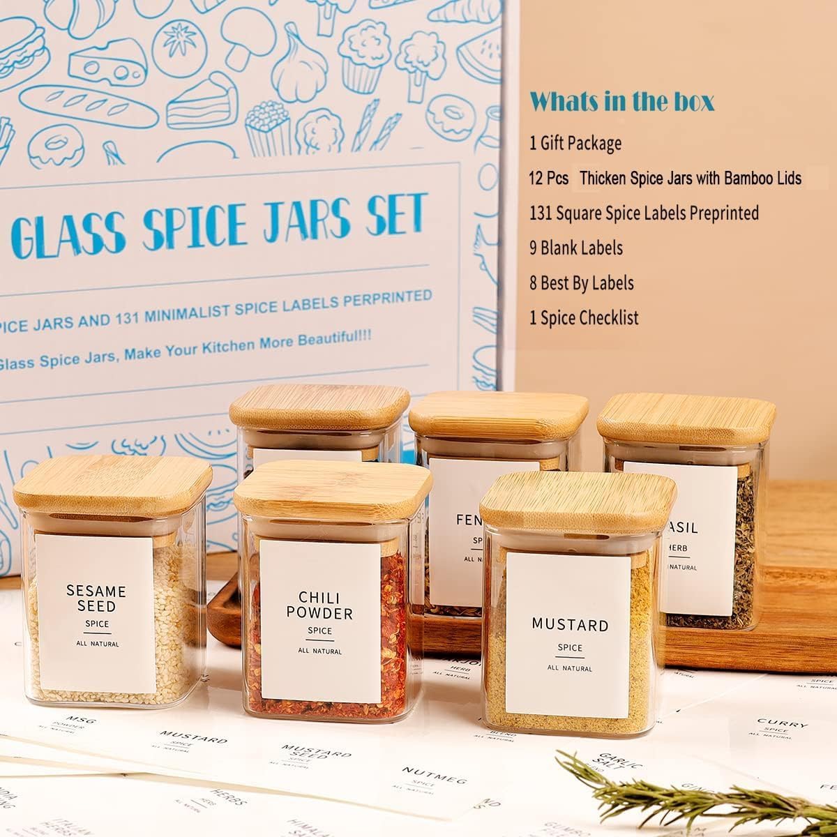 12 Pcs Square Glass Spice Jars with Natural Bamboo Lids - 9oz Airtight Herb Containers with 148