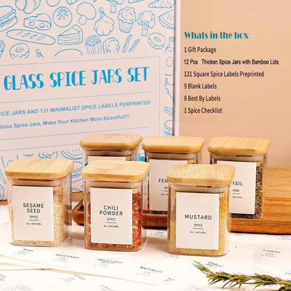 12 Pcs Square Glass Spice Jars with Natural Bamboo Lids - 9oz Airtight Herb Containers with 148