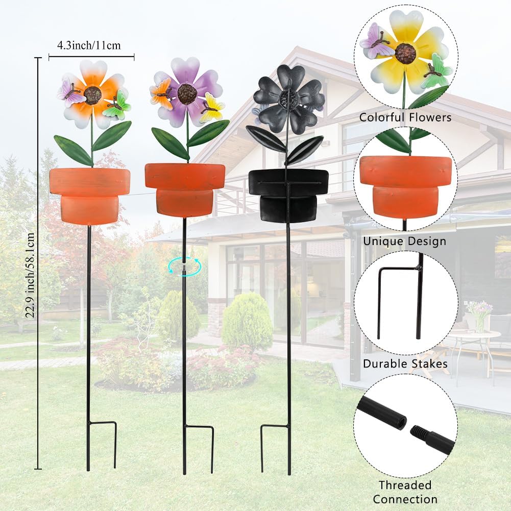 Metal Garden Stakes Decor,3 Pack Flowers Pot Decorative Garden Stakes, Waterproof Spring Outdoor