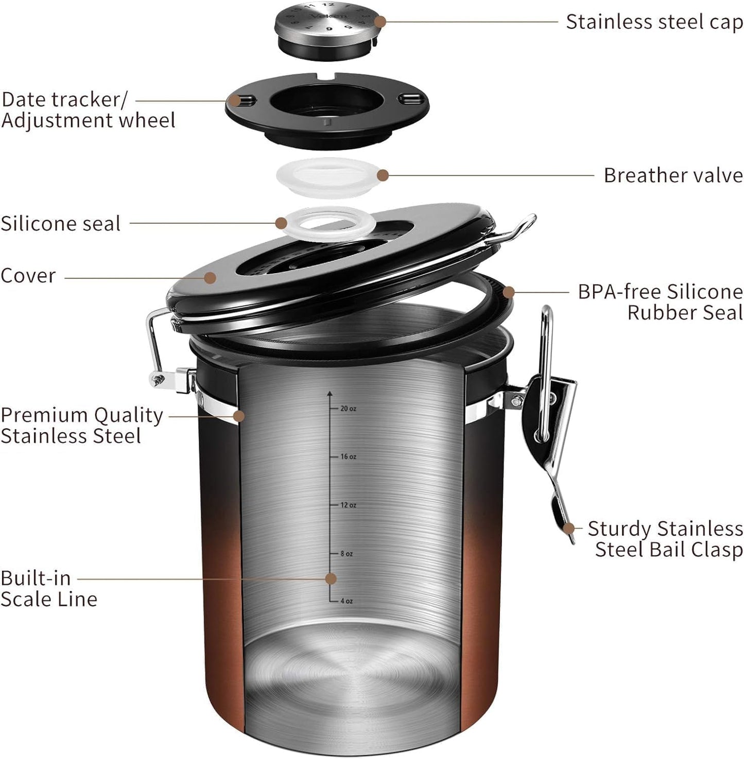 Veken Coffee Canister with Window,Airtight Stainless Steel Kitchen Food Storage Container, Date
