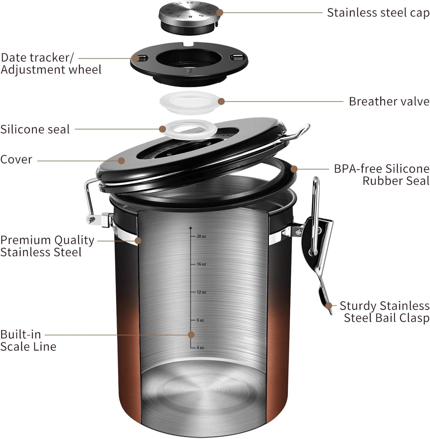 Veken Coffee Canister with Window,Airtight Stainless Steel Kitchen Food Storage Container, Date