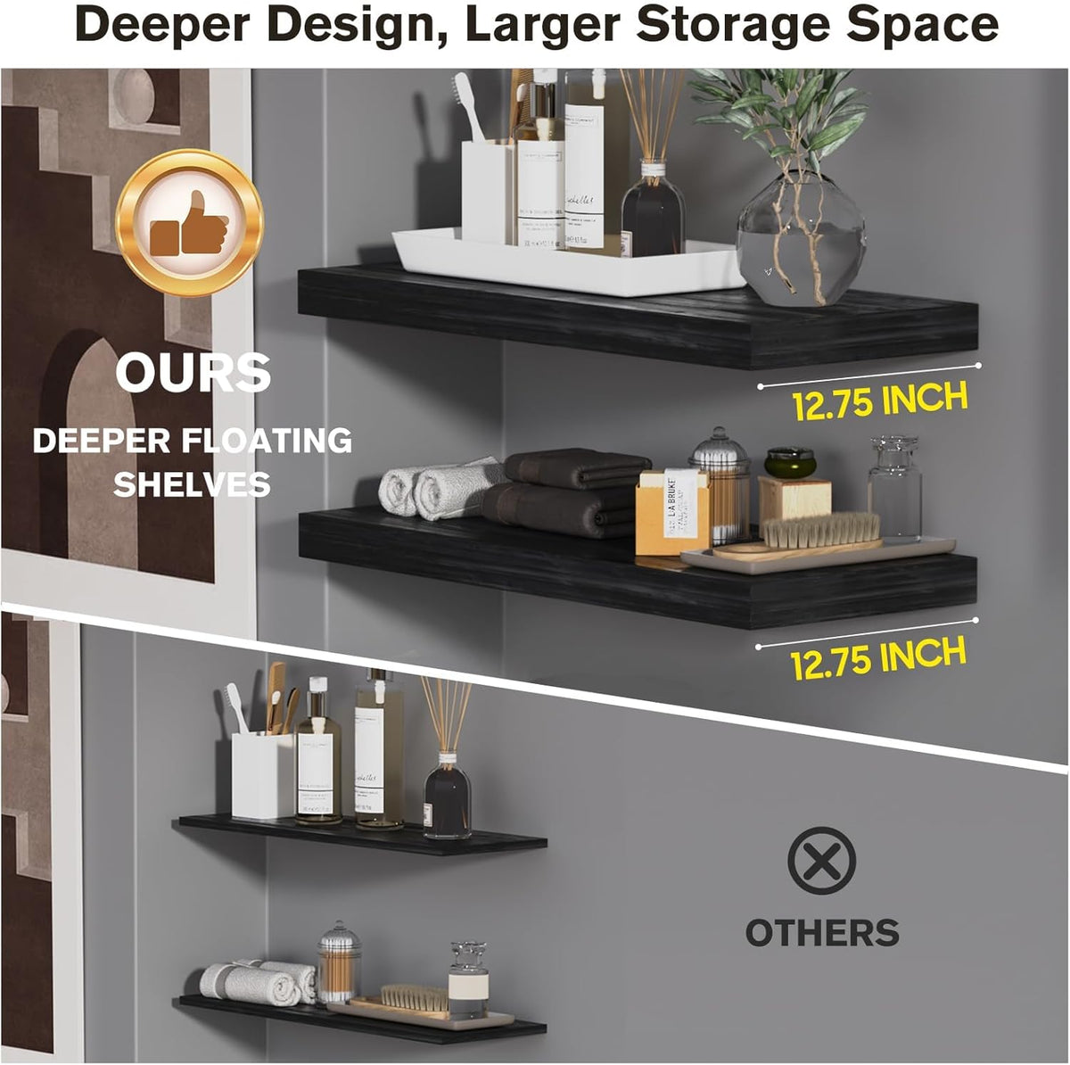 Floating Shelf, Set of 2 Wall Shelf, 24 in W x 12.75 in D x 2 in H Wooden Floating Wall Shelf with