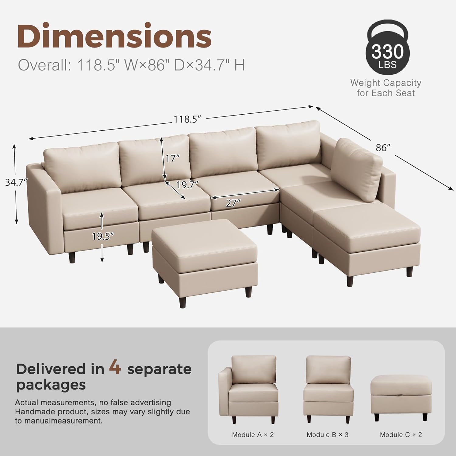 118.5" Faux Leather Modular Sectional Sofa, L Shaped Couch Set for Living Room, 7-Seater Comfy