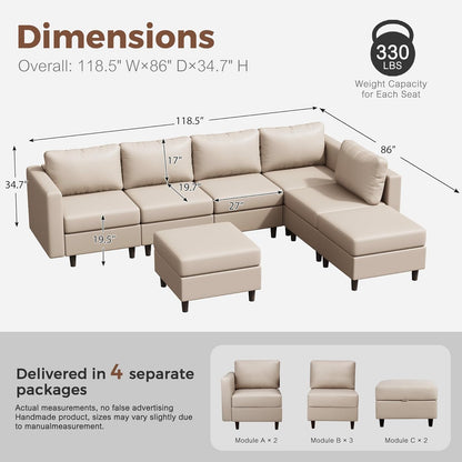118.5" Faux Leather Modular Sectional Sofa, L Shaped Couch Set for Living Room, 7-Seater Comfy