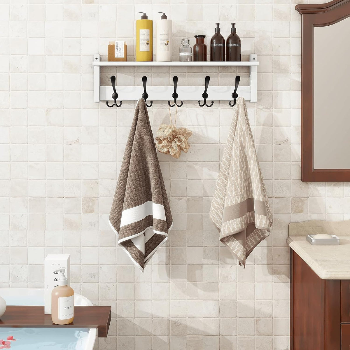Homode Wall Shelf with Hooks, 24 Inch Coat Rack with Tri Hooks, Farmhouse Entryway Floating Coat
