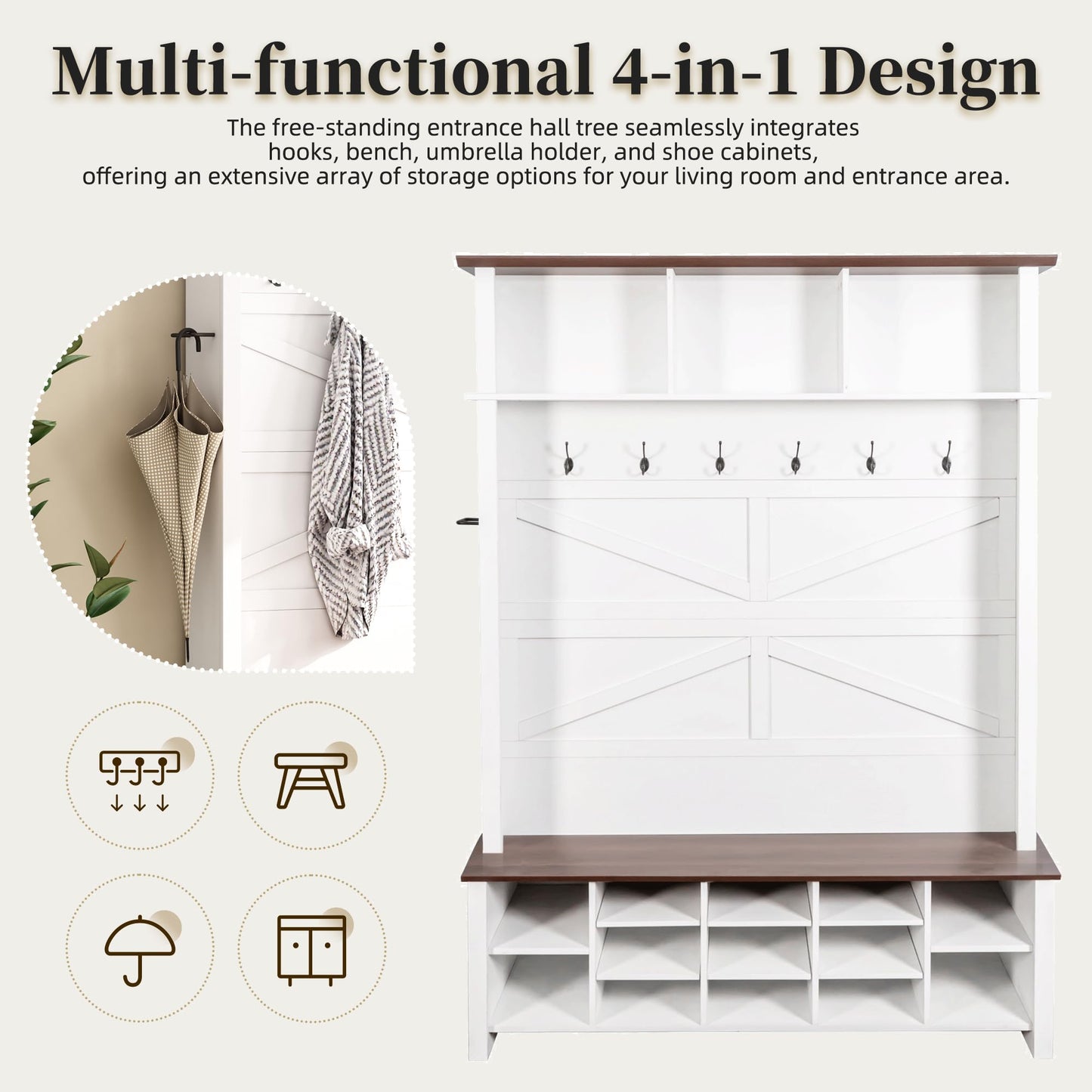 Merax Farmhouse Wood Hall Tree with 6 Hooks and Entryway Shoe Bench, 4-in-1 Coat Rack with 16 Open