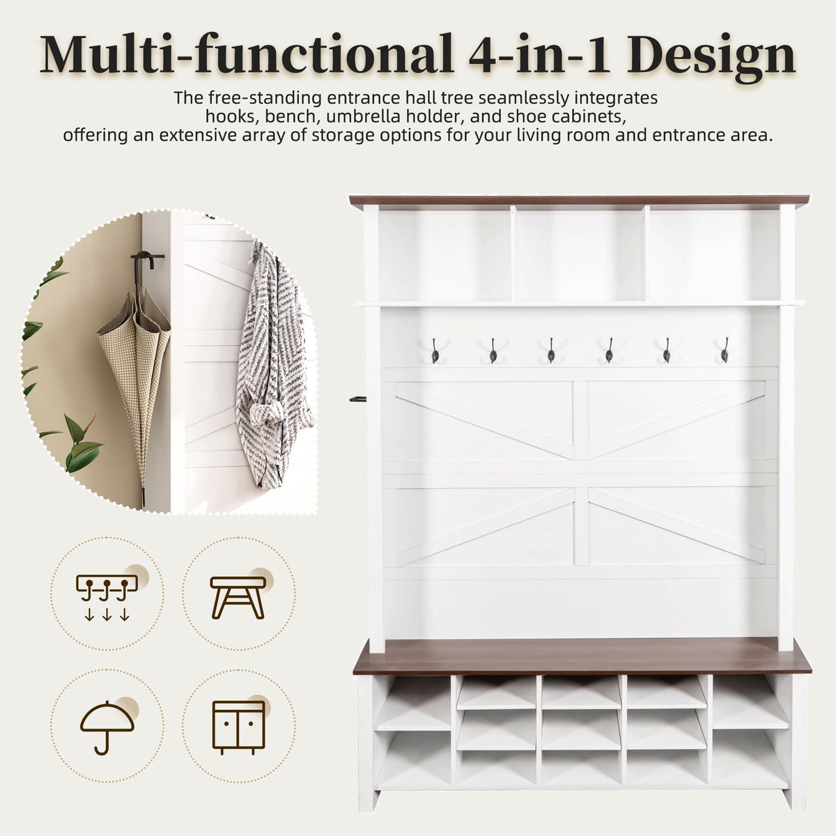 Merax Farmhouse Wood Hall Tree with 6 Hooks and Entryway Shoe Bench, 4-in-1 Coat Rack with 16 Open