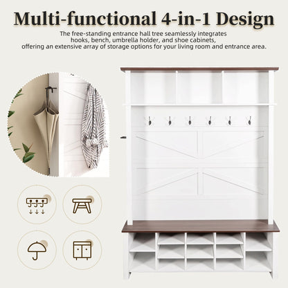Merax Farmhouse Wood Hall Tree with 6 Hooks and Entryway Shoe Bench, 4-in-1 Coat Rack with 16 Open