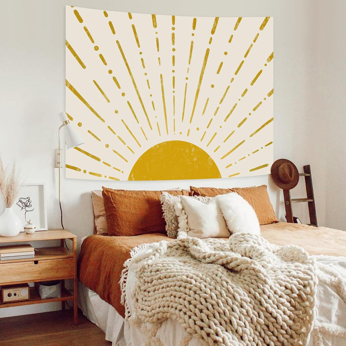 Kanuyee Gold Boho Burning Sun Tapestry Wall Hanging, Retro 70s Abstract Vintage Geometric Line