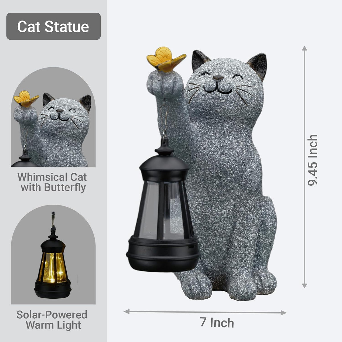 Solar Cat Garden Statue Outdoor Decor, Cat Sculpture with Lantern and Butterfly for Yard Lawn Patio