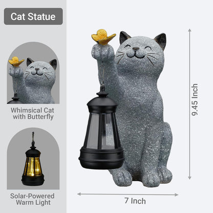 Solar Cat Garden Statue Outdoor Decor, Cat Sculpture with Lantern and Butterfly for Yard Lawn Patio