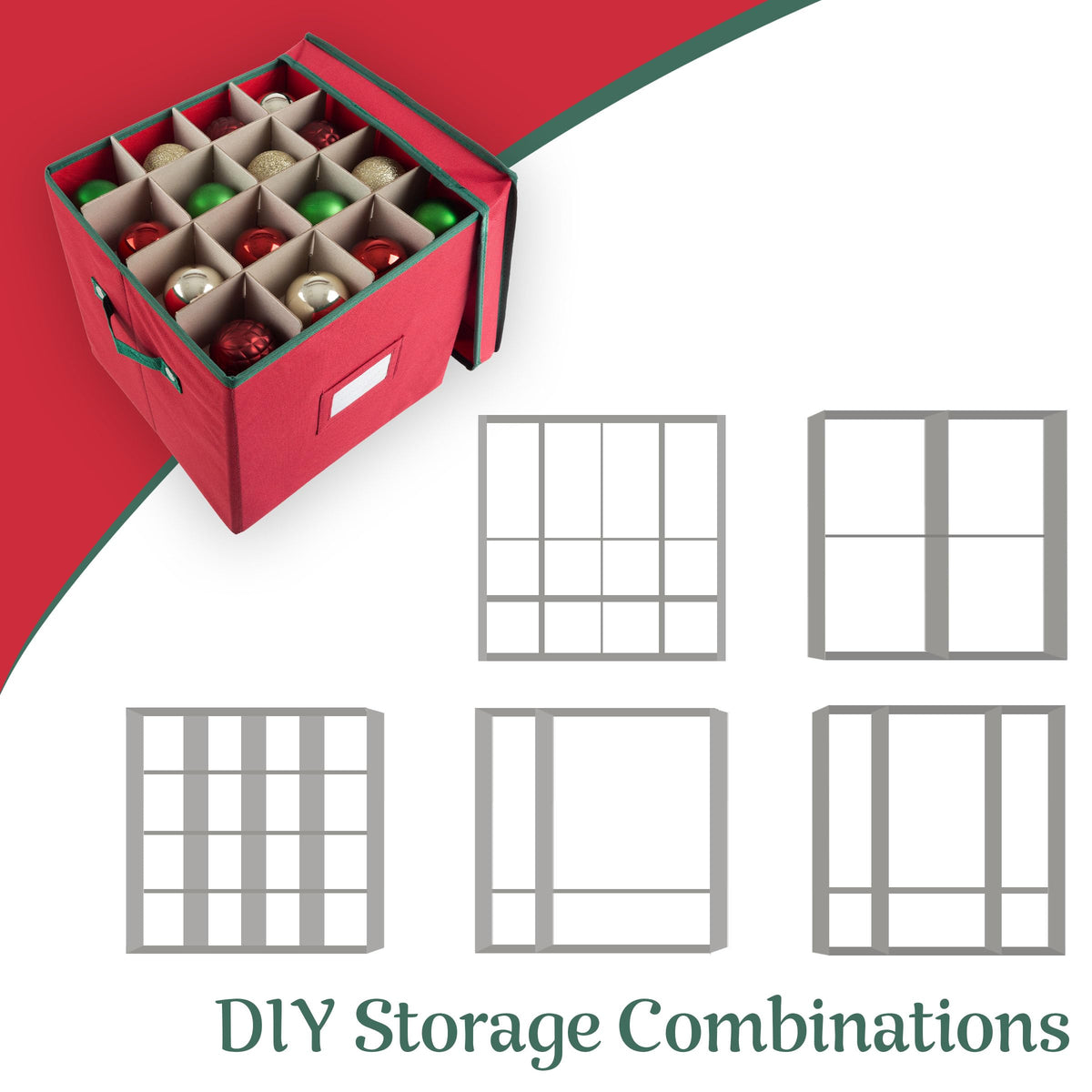 Christmas Decor Storage Box - Red Oxford Canvas Ornament Cube Chest With 64 Compartment Dividers