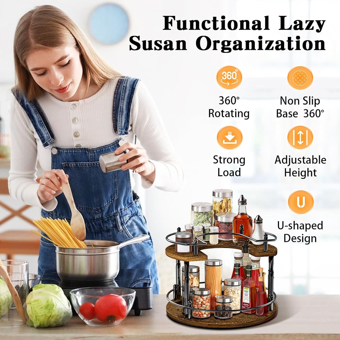 2-Tier Lazy Susan Organizer Turntable Spice Organization U-Shape 11.8" Rotating Spice Rack Height