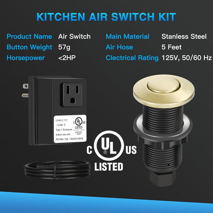 Garbage Disposal Air Switch Kit, UL Certified Professional Garbage Disposal Switch Button Power