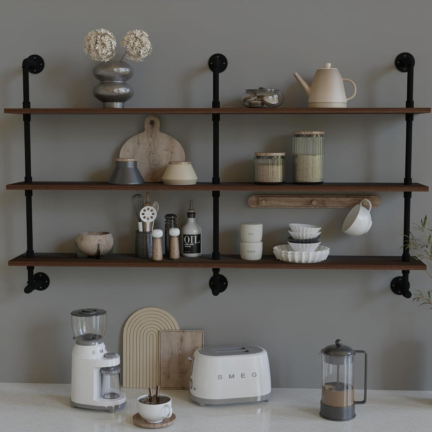 ROGMARS Industrial Pipe Wall Shelves Pipe Shelving,Natural Wood 60 Inches Long Walnut Floating