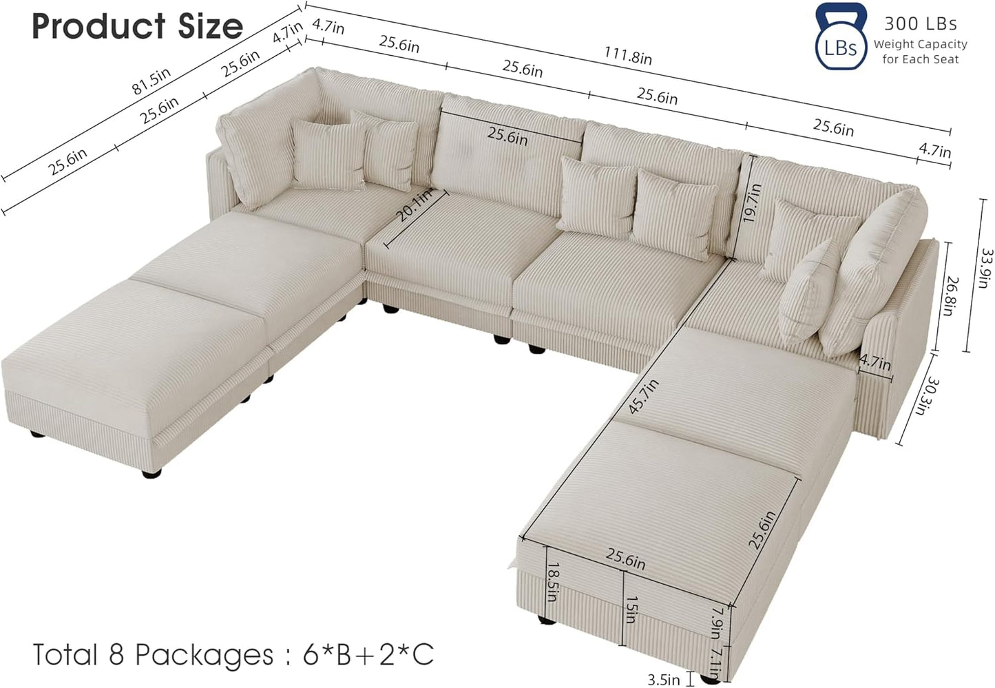 LLappuil Modular Sectional Sofa with Storage Seats, Corduroy Convertible Modular U Shaped Sectional