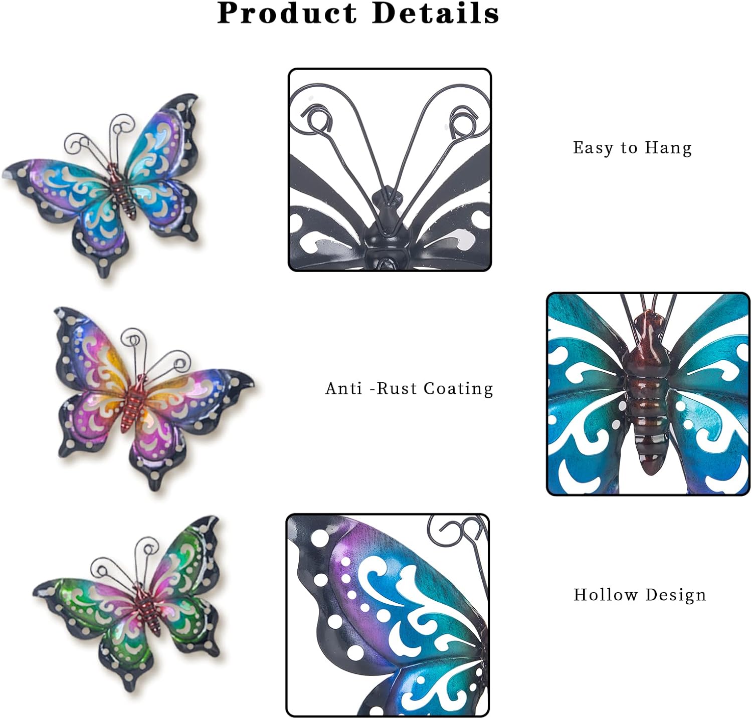 3 Pack Metal Butterfly Wall Art Outdoor Decor, Butterflies Spring Wall Sculpture Hanging Metal Wall