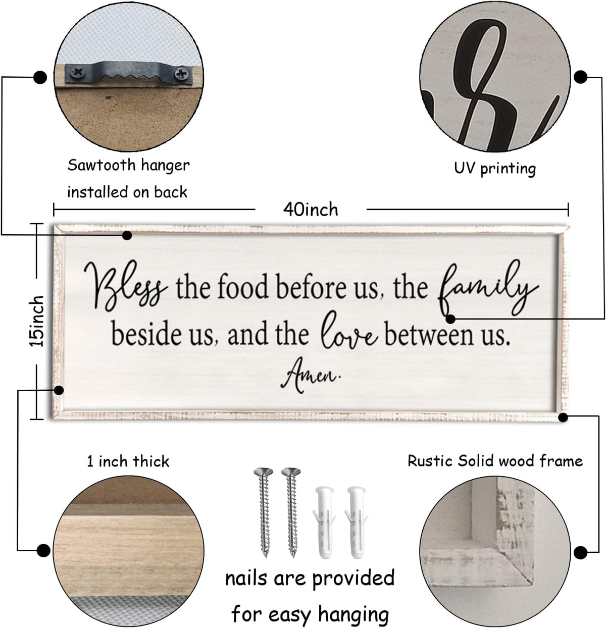 Bless the Food Before Us Sign Wall Decor 40"X15" Large Farmhouse Dining Room Wall Decor Framed Wood