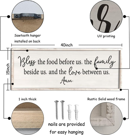 Bless the Food Before Us Sign Wall Decor 40"X15" Large Farmhouse Dining Room Wall Decor Framed Wood