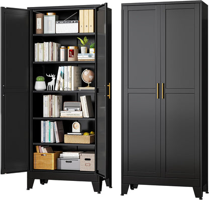 Black Metal Storage Cabinet,75" Steel Cabinets for Home Office, Kitchen Pantry Storage Cabinet with
