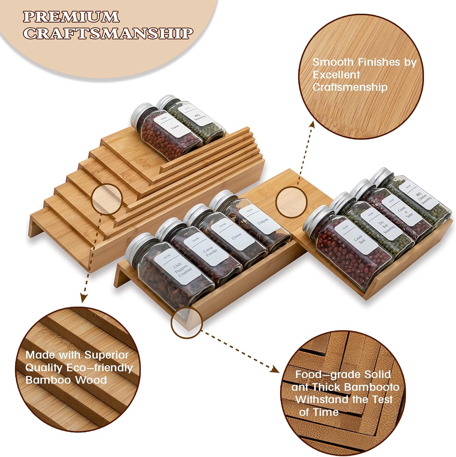 Bamboo Spice Rack Drawer Organizer - 8 Pieces Set- 10" Wide Per Piece - Combine Pieces Into 20"