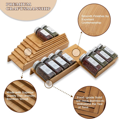 Bamboo Spice Rack Drawer Organizer - 8 Piece Set - 12" Wide, Combine Into 24" Rack (12" or 24")