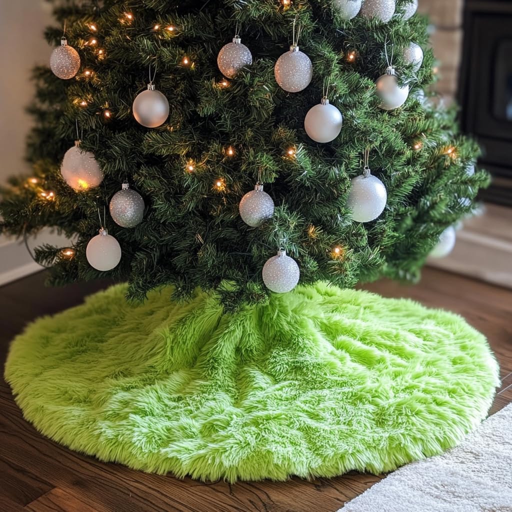 AOGU 48 Inch Faux Fur Christmas Tree Skirt Green Plush Skirt for Merry Christmas Party Christmas