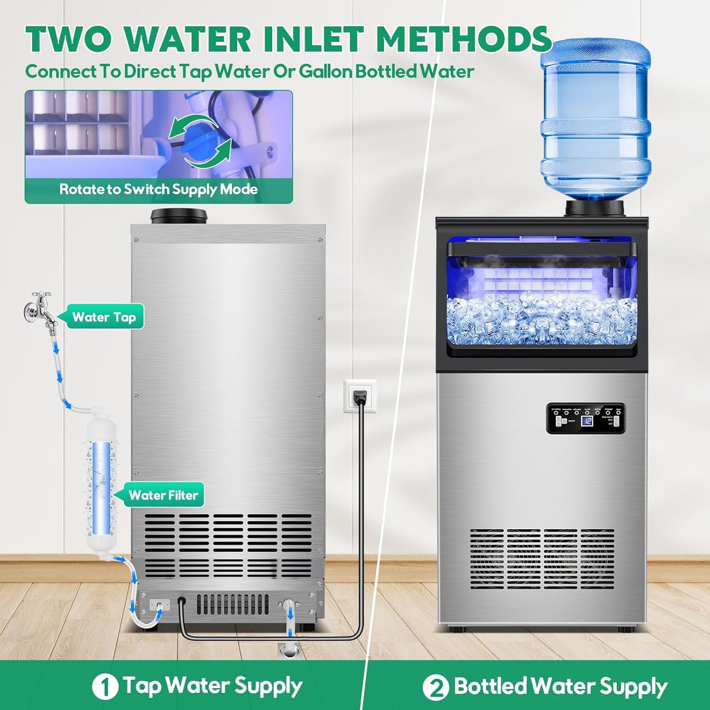 Commercial Ice Maker Machine 130Lbs/24H with 30Lbs Ice Capacity, 45Pcs Clear Ice Cubes Ready in