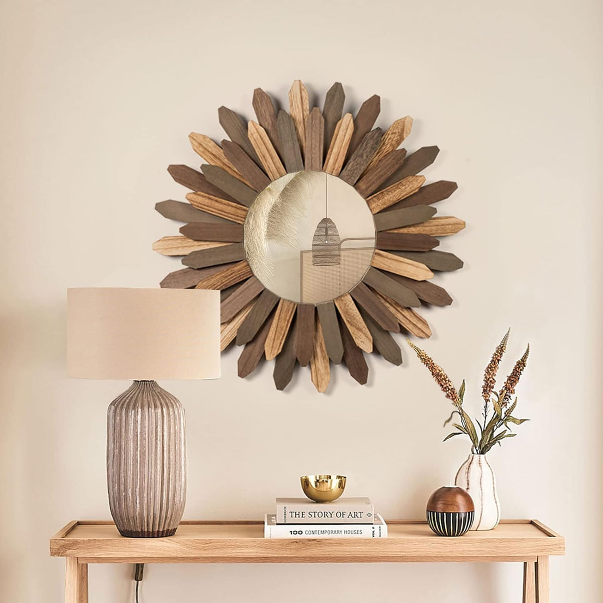 Honiway Boho Wall Decor 21 inch Wall Mirror Rustic Wood Decorative Mirror for Room Decor Rustic