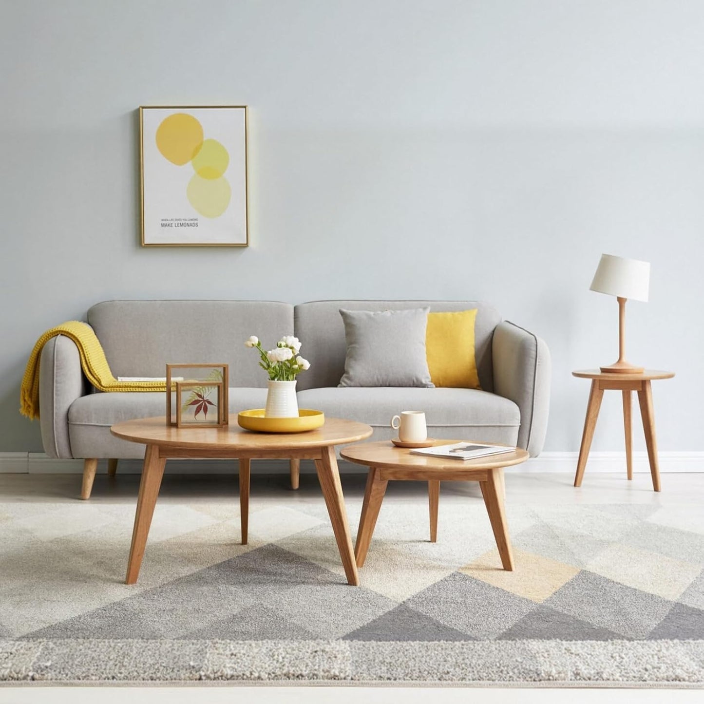 100% Solid Oak Wood Coffee Table Set, Round Coffee Table Combo Side Table w/Solid Wood Legs, Mid