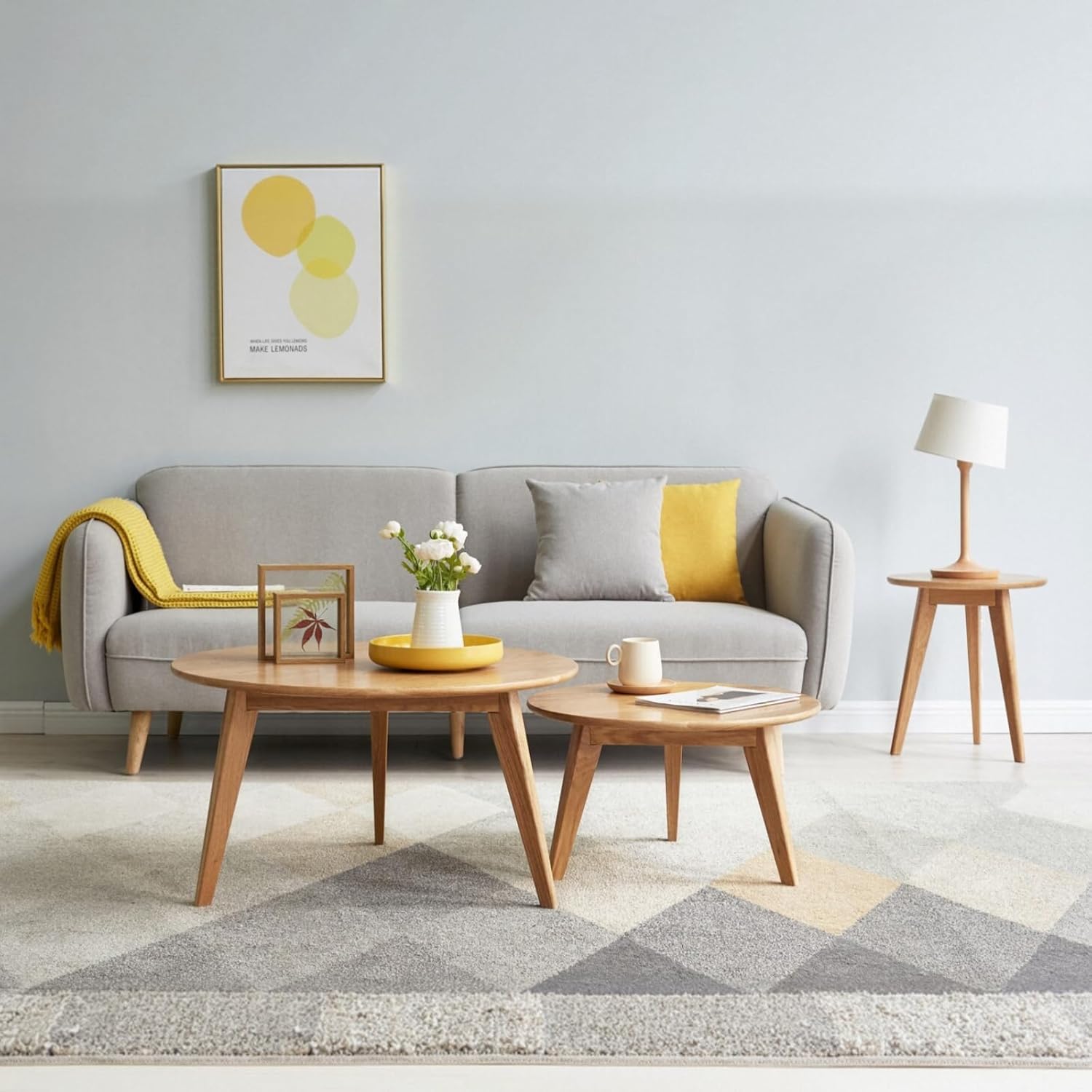 100% Solid Oak Wood Coffee Table Set, Round Coffee Table Combo Side Table w/Solid Wood Legs, Mid