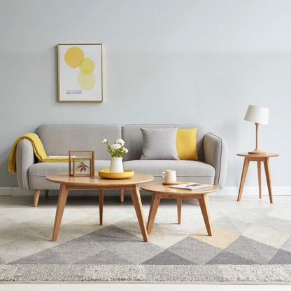 100% Solid Oak Wood Coffee Table Set, Round Coffee Table Combo Side Table w/Solid Wood Legs, Mid