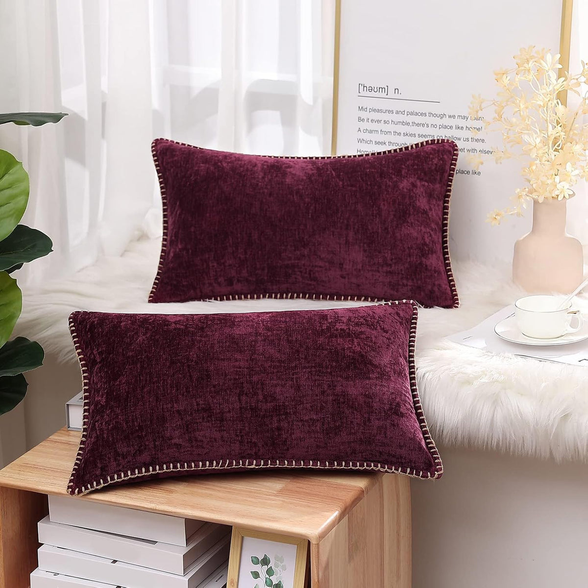 decorUhome Chenille Soft Throw Pillow Covers 12x20 Set of 2, Lumbar Velvet Farmhouse Neutral