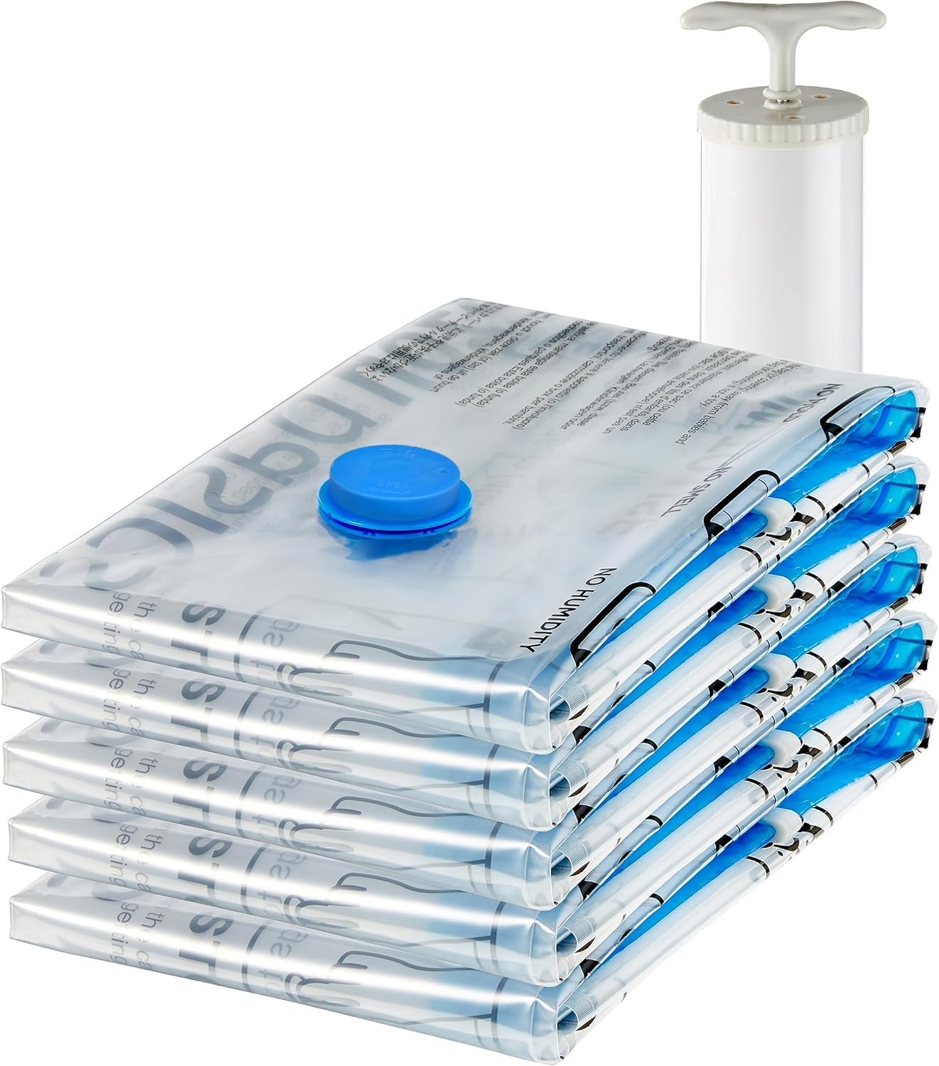 Amazon Basics Vacuum Compression Zipper Storage Bags With Hand Pump, Medium, Clear, 5-Pack, White