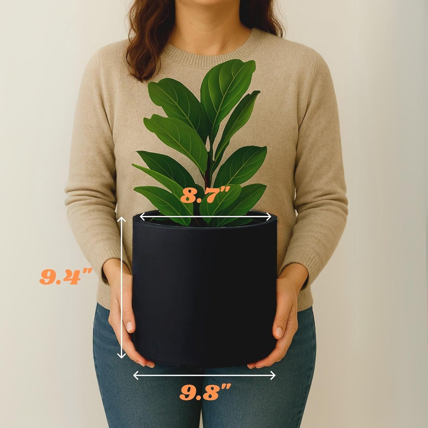 Fox & Fern 10 Inch Black Plant Pot with Drainage Plug — Premium Lightweight Fiberstone Matte Black