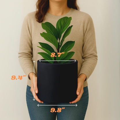 Fox & Fern 10 Inch Black Plant Pot with Drainage Plug — Premium Lightweight Fiberstone Matte Black