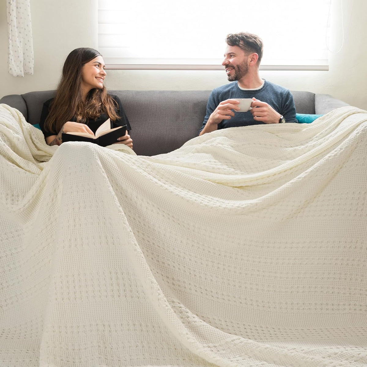 PHF 100% Cotton Waffle Blanket Oversized King 120"x120", Lightweight Breathable Extra Large 10'x10'