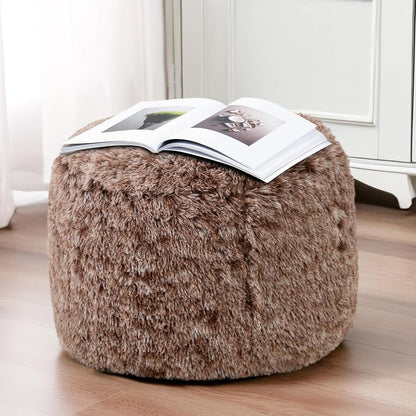 HIGOGOGO Round Stuffed Pouf Ottoman, Long Faux Fur Poufs with Foam Chunk Filling, Fluffy and Furry