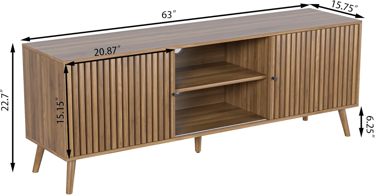 Mid Century Modern TV Stand for Televisions up to 70 Inches, with Sliding Doors and Storage