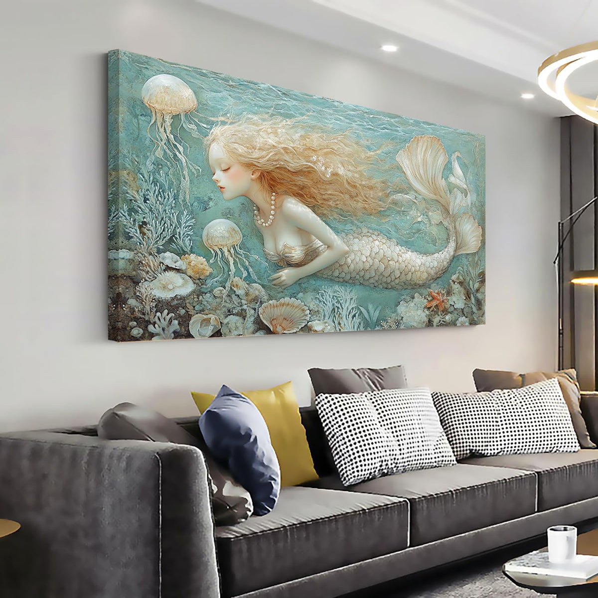 LASMOND Ocean Mermaid Wall Art for Girls Room Modern Canvas Prints Marine Organism Underwater World
