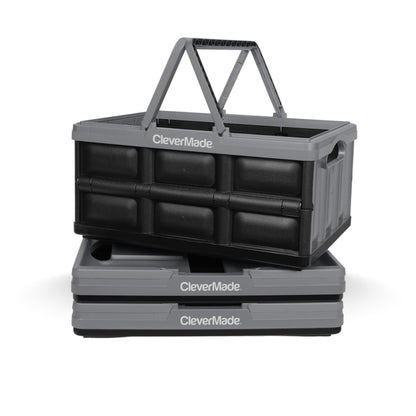 CleverMade Collapsible Shopping Basket, 32L Storage Crate, 3 Pack, Stone