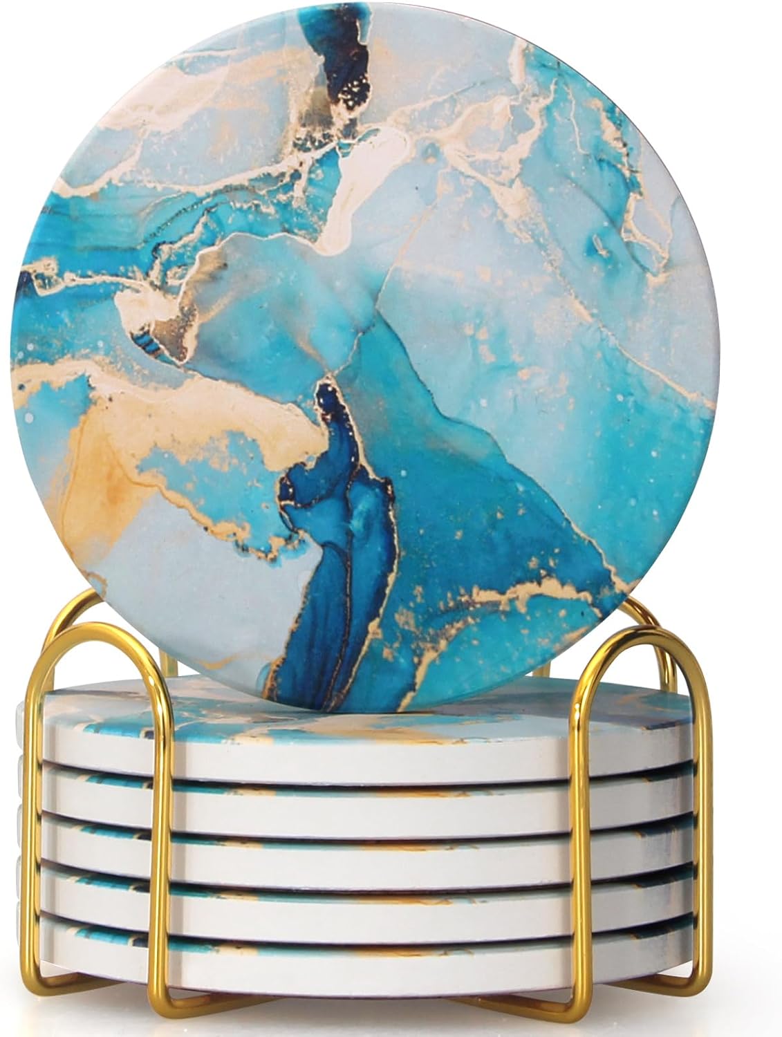 6 Pcs Light Blue Marble Abstract Ceramic Coasters with Holder Best Round Drink Absorbent Coasters