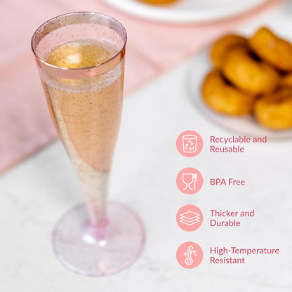 Prestee Set of 24 Plastic Champagne Flutes Disposable - Silver Glitter Pink Champagne Glasses with